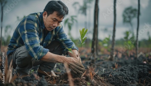 Business leader showing commitment to environmental restoration by planting tree in deforested area photo