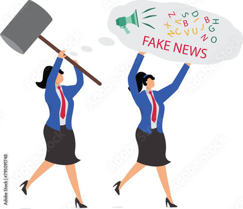 To sanction and combat the spread of fake news, businesswoman holding a hammer to hit the businesswoman holding a speech bubble of fake information