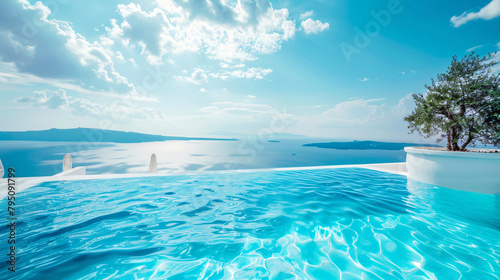 Santorini island Greece. Luxury swimming pool with sea
