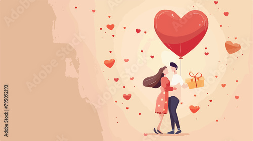 Young couple with air balloon in shape of heart and g