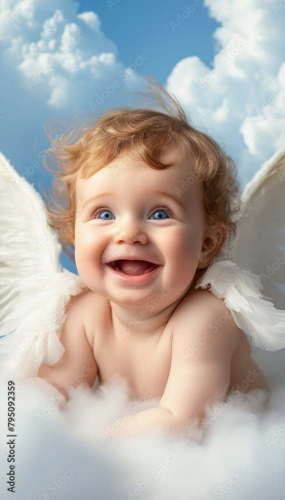 (((A baby, smiling, with wings, among the clouds))) A serene and ethereal photorealistic image of a joyful baby with angelic wings, peacefully floating among the fluffy clouds, capturing the innocenc (((A baby, smiling, with wings, among the clouds))) A serene and ethereal photorealistic image of a joyful baby with angelic wings, peacefully floating among the fluffy clouds, capturing the innocenc