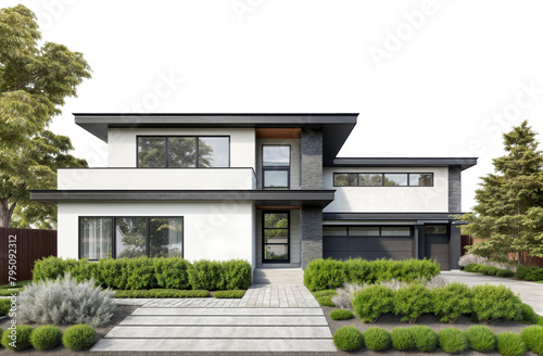 Front view of a modern suburban house with green plants isolated on a white background © Flowal93
