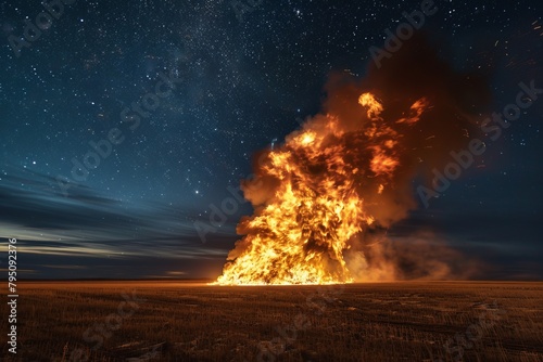 A roaring bonfire against a starry night sky in an open field, showcasing the grandeur and vastness of the flames against the dark backdrop. photo