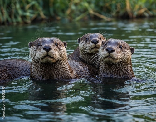 Photograph a playful otter family swimming in a sparkling river surrounded by lush vegetation.  © Muhammad