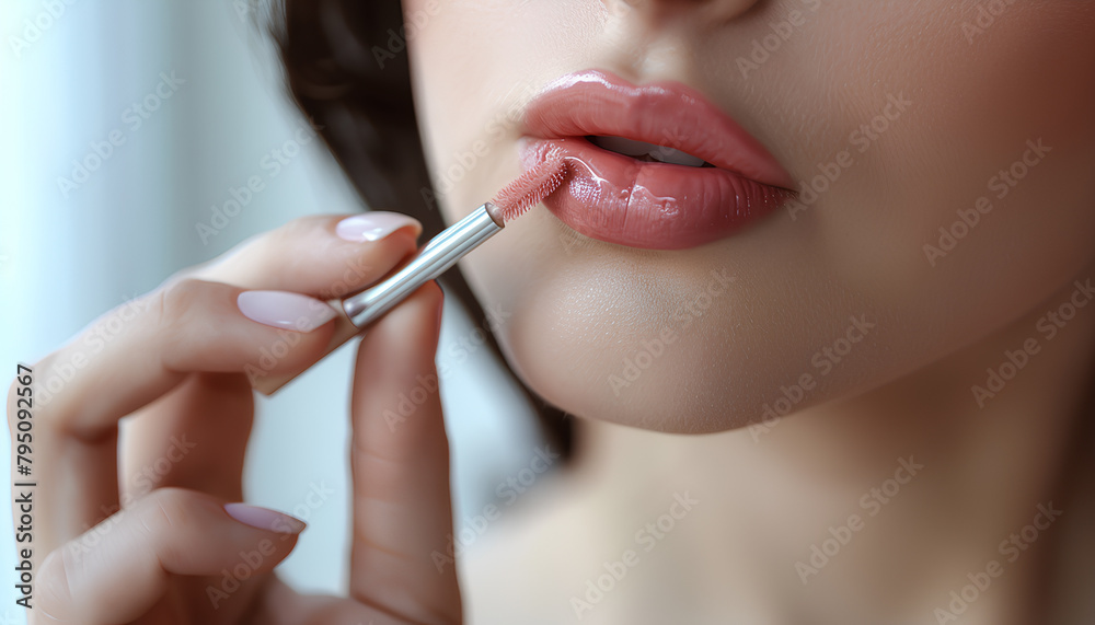 Young woman applying lipgloss on light background, closeup
