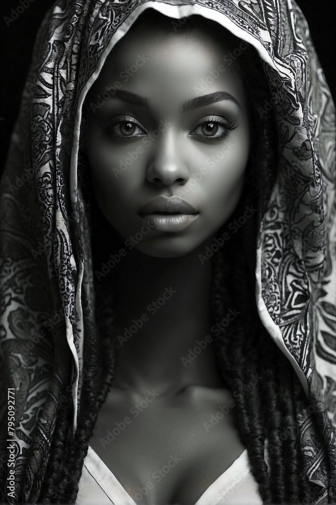 Black and White Photo of Woman with Hood on Head Black and White Photo of Woman with Hood on Head