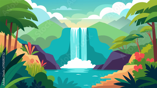 A cascading waterfall flows through a lush tropical landscape providing a soothing soundtrack to the vibrant display of exotic plants..