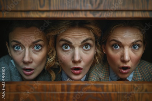 Trio of women showing exaggerated expressions of shock and surprise while hiding together photo