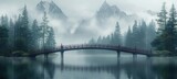 long wooden bridge cross the river in coniferous forest, Generative Ai