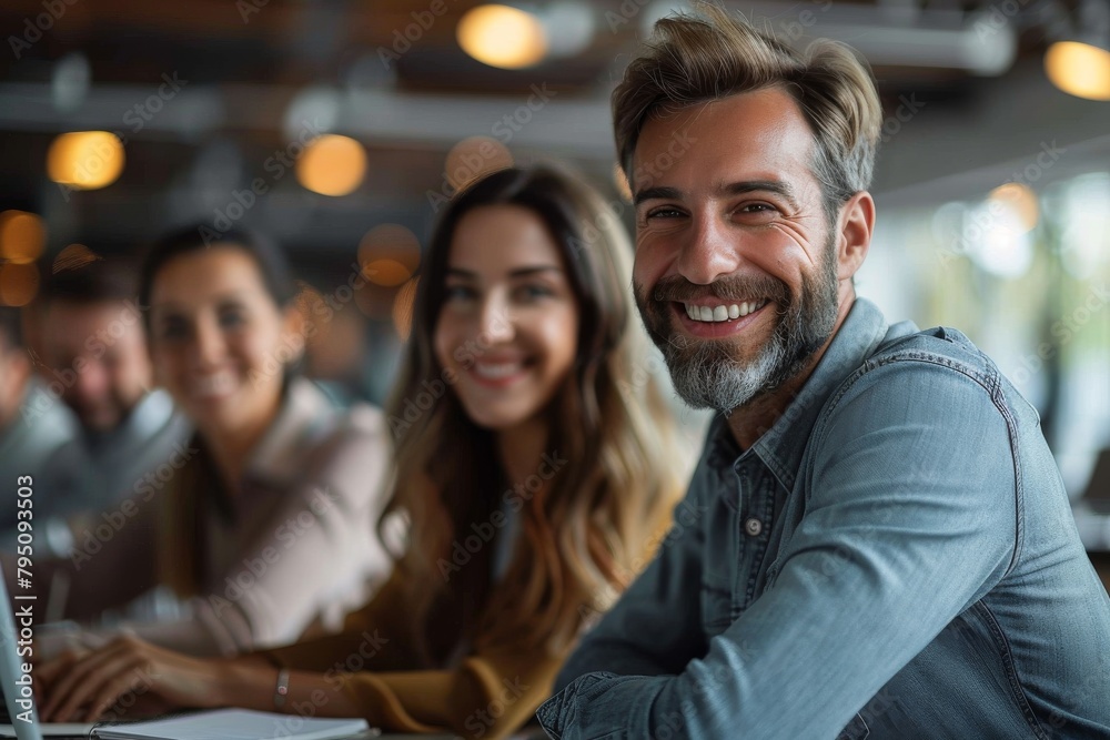 Smiling young man with beard enjoying time with colleagues in a conference room Smiling young man with beard enjoying time with colleagues in a conference room