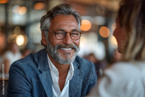Portrait of an older man with glasses smiling warmly during a conversation © Larisa AI