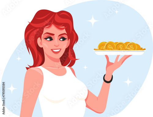 girl offers money on a tray