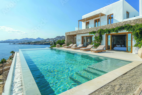 A photo of the front view of an elegant, modern villa in Mykonos with white walls and wooden accents, set against a backdrop of clear blue skies. Created with Ai