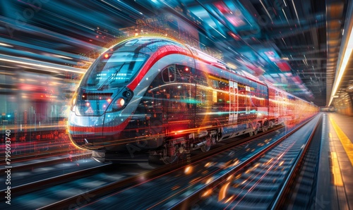 Modern high speed train in motion at night.