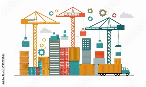 Industrial background with containers and cranes. Flat illustration.