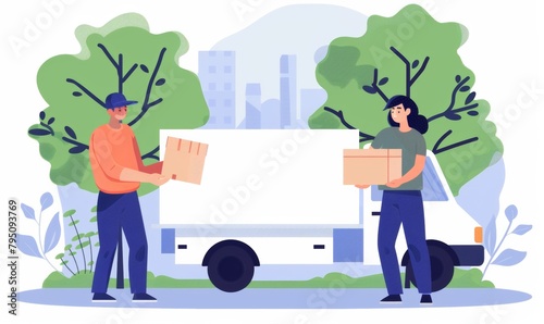 Delivery man and woman in uniform delivering boxes to customer flat illustration.