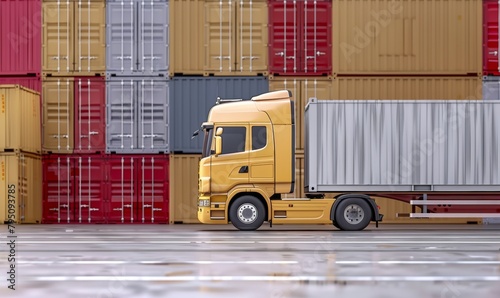A yellow truck with a container in the background