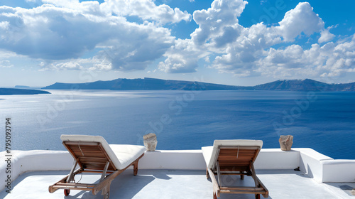Santorini island Greece. Two chaise lounges  photo