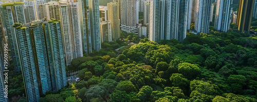Aerial view of urban development and lush green landscapes, with high-rise buildings standing amidst verdant parks and gardens.