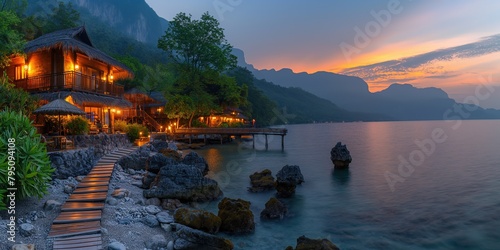 beautiful seascape resort villar at shore in evening time  Generative Ai