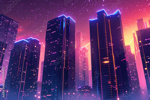 Godzilla inspired futuristic skyscrapers with glowing windows night scene