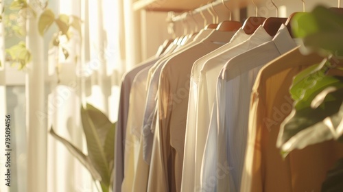 Quality image of sunny day with clean clothes on hangers at indoor dry-cleaning shop photo