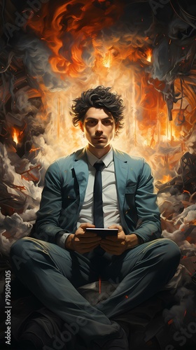 Calm Man Amidst Chaotic Flames Artwork,Artistic representation of a composed man holding a book, sitting with legs crossed, as tumultuous flames rage around him.