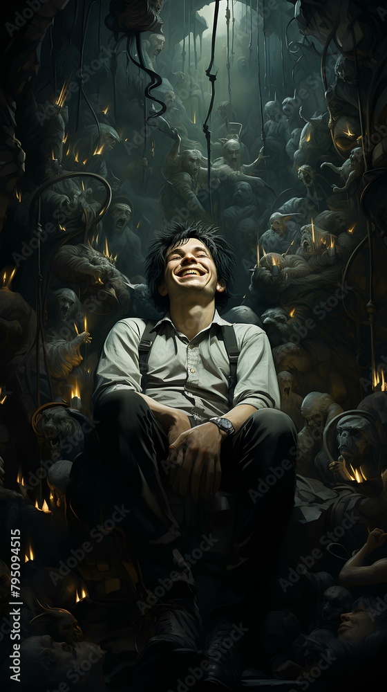 Man Smiling Amidst Dark Surreal Creatures,Digital art of a man sitting and smiling brightly surrounded by ominous creatures in a dark,

