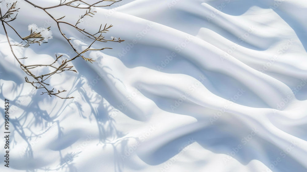 A white sheet of fabric with a branch and snow on it. The image has a peaceful and serene mood