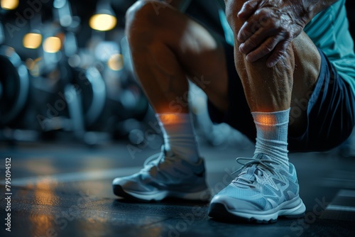 A detailed view of contemporary athletic shoes on a male senior in a gym environment, emphasizing an active lifestyle