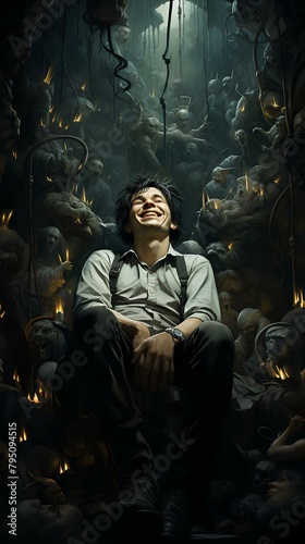 Man Smiling Amidst Dark Surreal Creatures,Digital art of a man sitting and smiling brightly surrounded by ominous creatures in a dark,