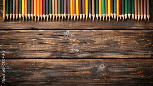 A wooden background with a row of colored pencils on it. The pencils are arranged in a rainbow pattern, with the colors ranging from red to yellow to green. Concept of creativity and inspiration