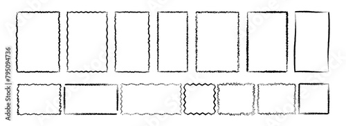 Set of black hand drawn grunge doodle charcoal, pencil, chalk square, rectangle border frames. Vector illustration template borders for website, banner, app, poster, background, card, bullet journal