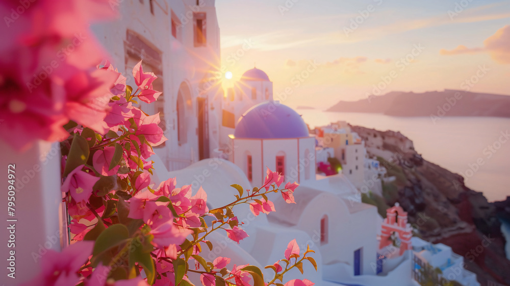 Santorini island Greece. White architecture with pink flowers