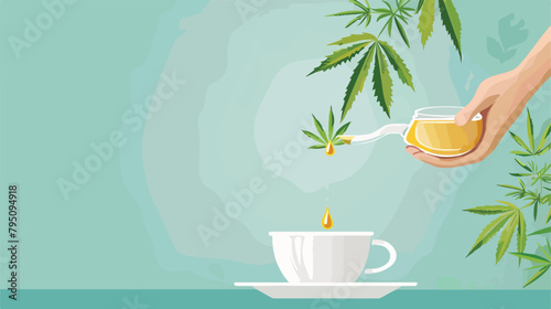 Young man dropping CBD oil into tea cup on blue background photo