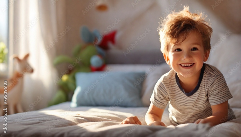 Cute little happy child boy playing in parents bed having fun at home at sunny morning. Light and shadows
Cute little happy child boy playing in parents bed having fun at home at sunny morning. Light and shadows