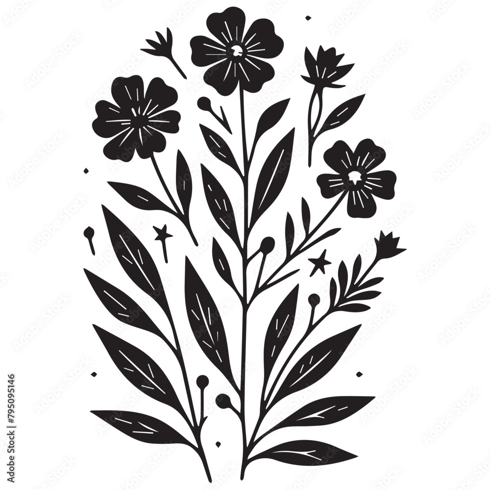 Set of flower and leaves silhouettes. Hand drawn floral design elements, icons, shapes. Wild and garden flowers, leaves black and white outline illustrations isolated on white background