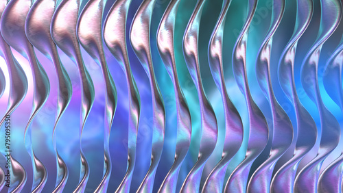 3D abstract iridescent metallic waves background.