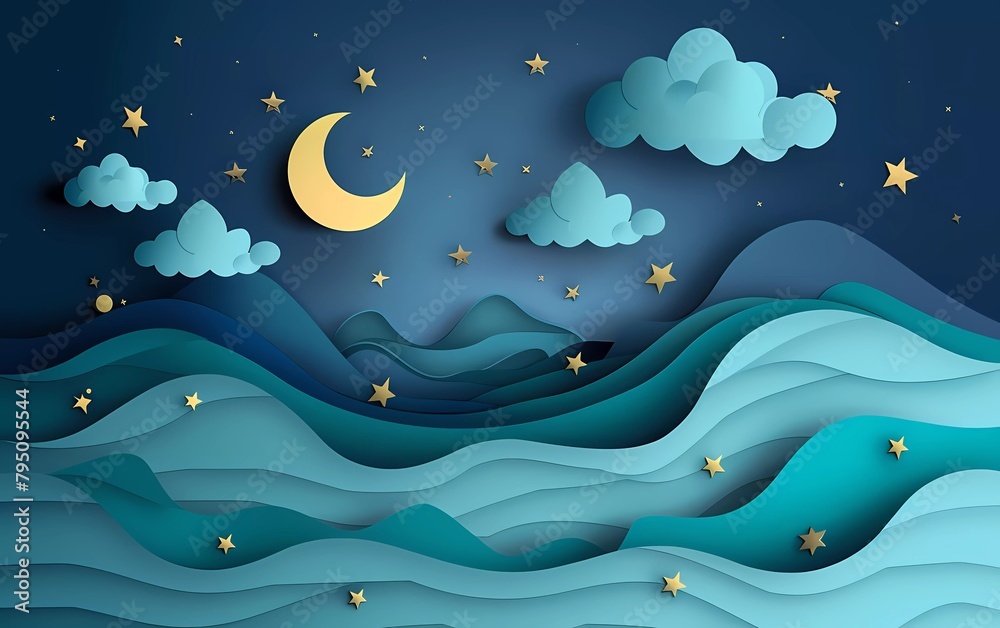 Night sky paper art with copy space, vector art and illustrations. 