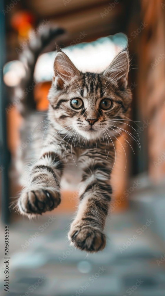 A cat is jumping in the air with its paws outstretched