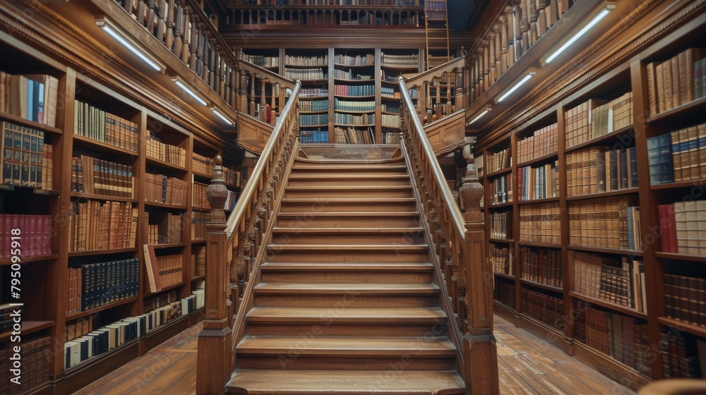 Staircase in a historic library, lined with shelves of books, symbolizing knowledge and wisdom