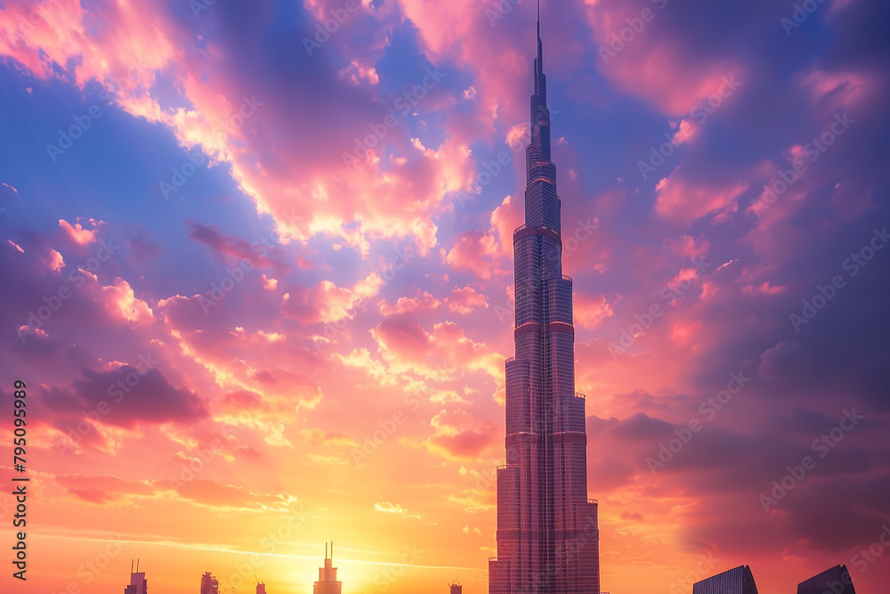 Grand and majestic tall tower immersed in a breathtaking sunset  - obrazy, fototapety, plakaty 