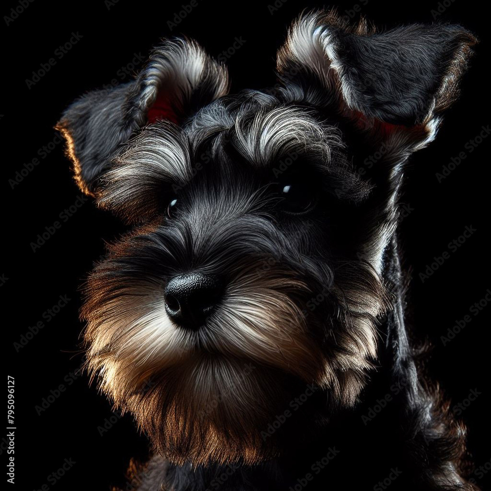 Zwergschnauzer puppy, colour black with silver, backlighting, well highlighted coat on dark background.Close-up