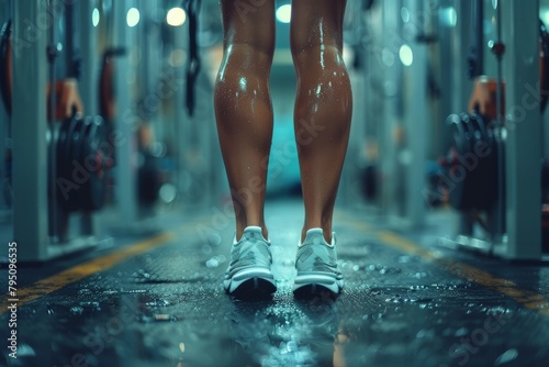 A close-up shot focusing on the athletic legs of a person with droplets covering them, standing in a reflective gym floor