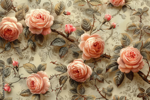 Vintage roses on vines, shabby chic wallpaper pattern in the style of unknown artist. Created with Ai