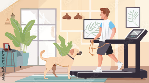 Young man with cute Labrador dog training on treadmil