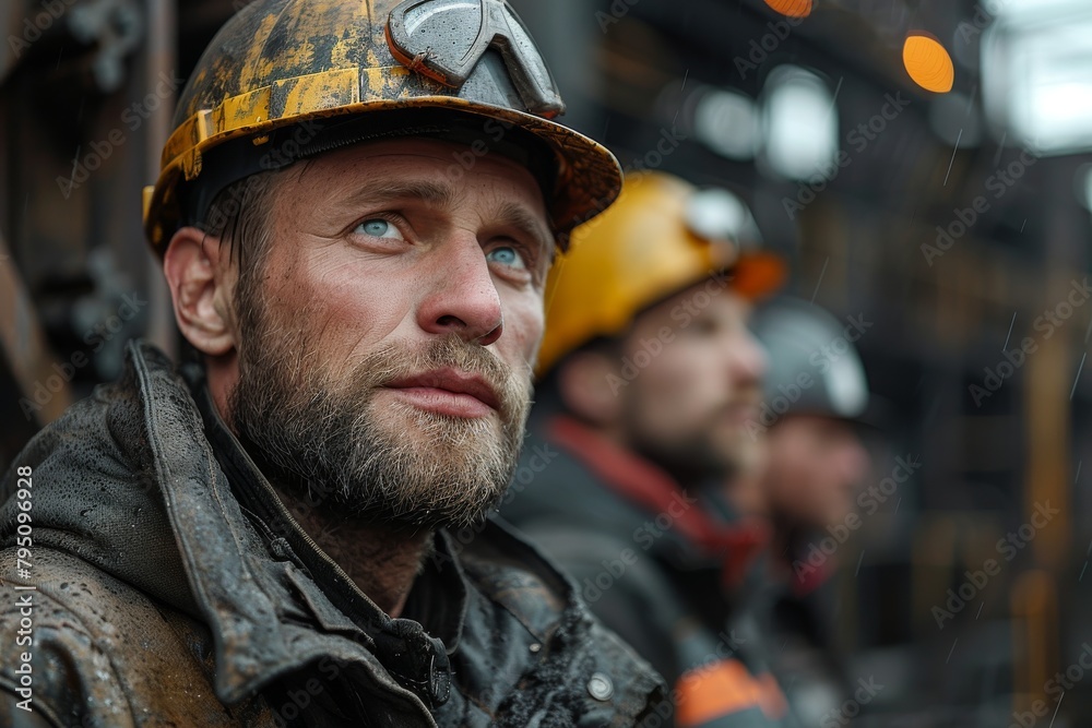 A weary firefighter emerges from a challenging call, with his helmet and gear glistening in the rain, embodying resilience A weary firefighter emerges from a challenging call, with his helmet and gear glistening in the rain, embodying resilience