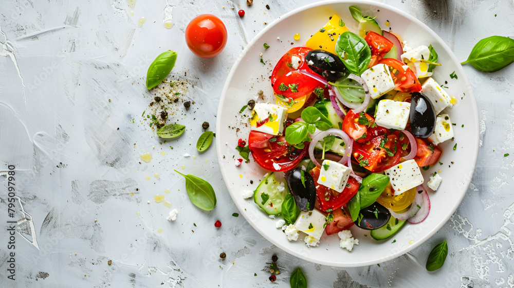 mixed vegetable salad on plate, salad with tomato and fresh vegetables in white bowl on gray background,Plate of fresh salad with vegetables, feta cheese and olives on a wooden table mixed vegetable salad on plate, salad with tomato and fresh vegetables in white bowl on gray background,Plate of fresh salad with vegetables, feta cheese and olives on a wooden table