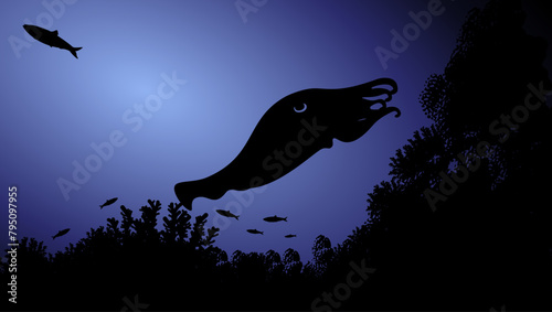 CuttleFish in the ocean, flat color illustration