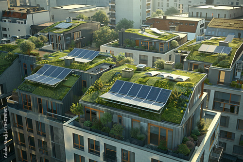Green Roof and Solar Panels A cityscape view showcasing buildings with green roofs and solar panels, representing urban eco-solutions Suitable for architectural and urban planning 